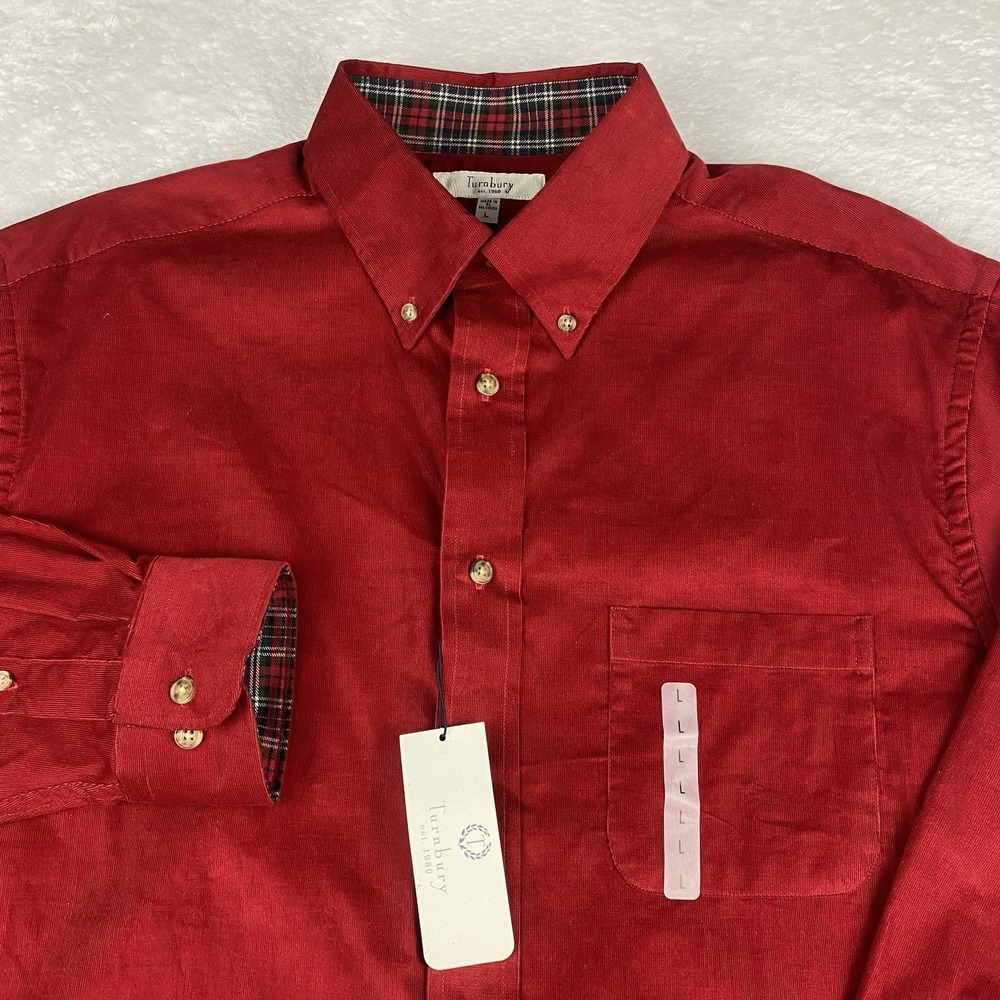 Turnbury Corduroy Shirt Mens Large Red Plaid Flip Cuffs Regular Fit NWT!